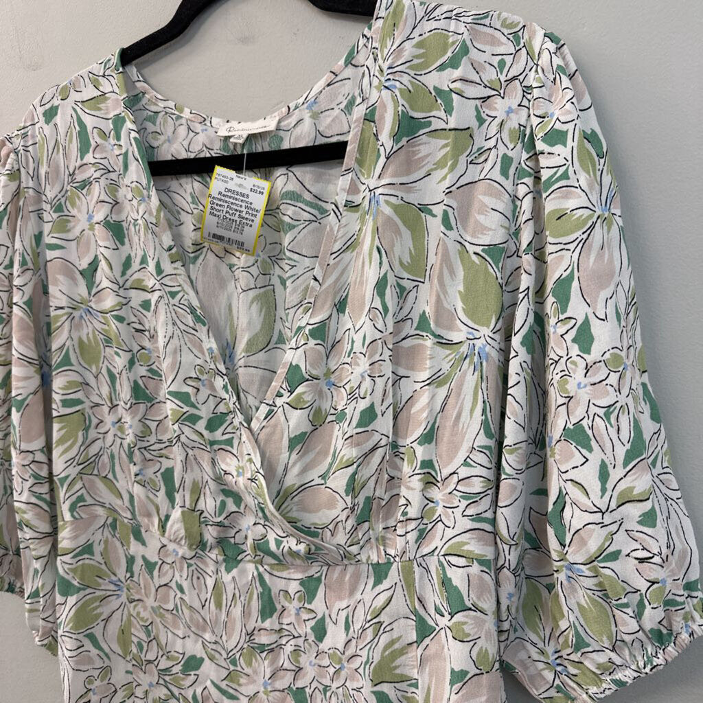 Reminiscence White/ Green Flower Print Short Puff Sleeve Maxi Dress Extra Large