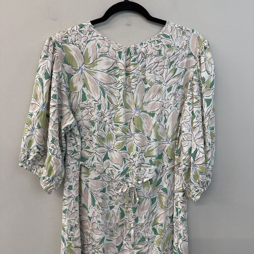 Reminiscence White/ Green Flower Print Short Puff Sleeve Maxi Dress Extra Large