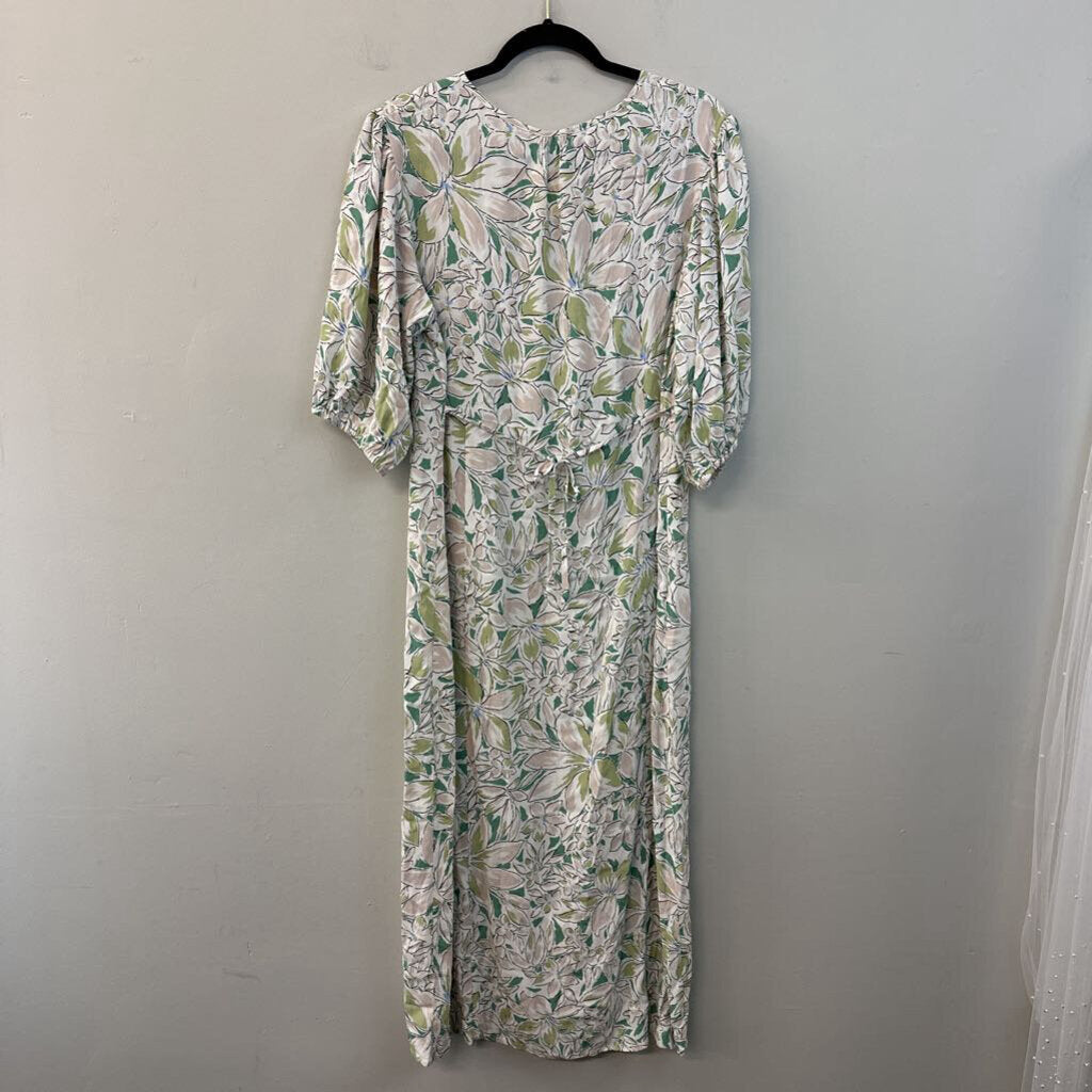 Reminiscence White/ Green Flower Print Short Puff Sleeve Maxi Dress Extra Large