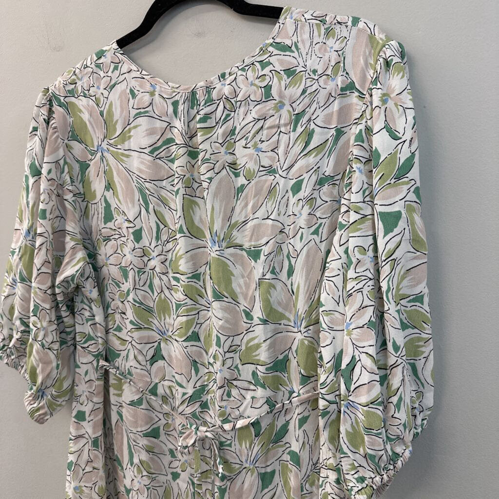 Reminiscence White/ Green Flower Print Short Puff Sleeve Maxi Dress Extra Large