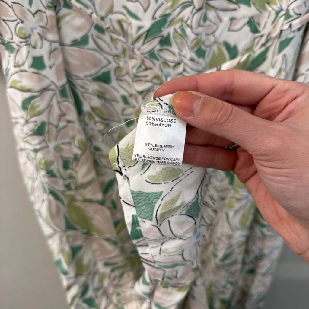 Reminiscence White/ Green Flower Print Short Puff Sleeve Maxi Dress Extra Large