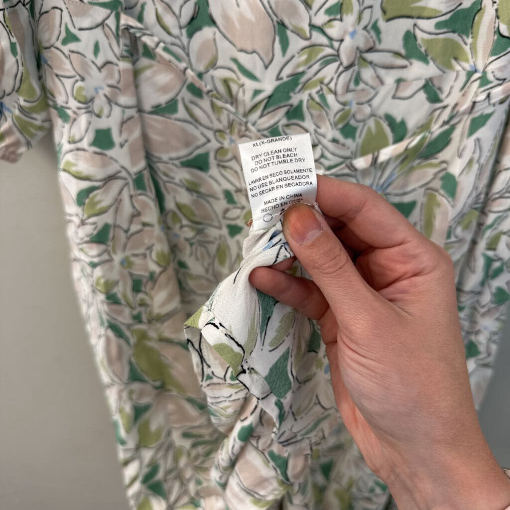 Reminiscence White/ Green Flower Print Short Puff Sleeve Maxi Dress Extra Large