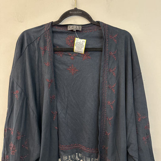 POL Black/ Burgundy Embroidered Flower Open Front Kimono Top Medium
