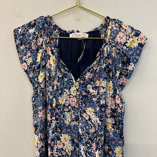 Loft Blue/ Multi Flower Print Short Sleeve Top Small