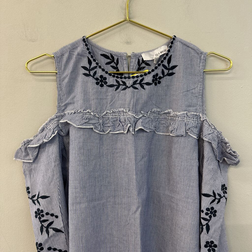 Isla Maude Blue/ White Striped Long Sleeve Cold Shoulder Top Large