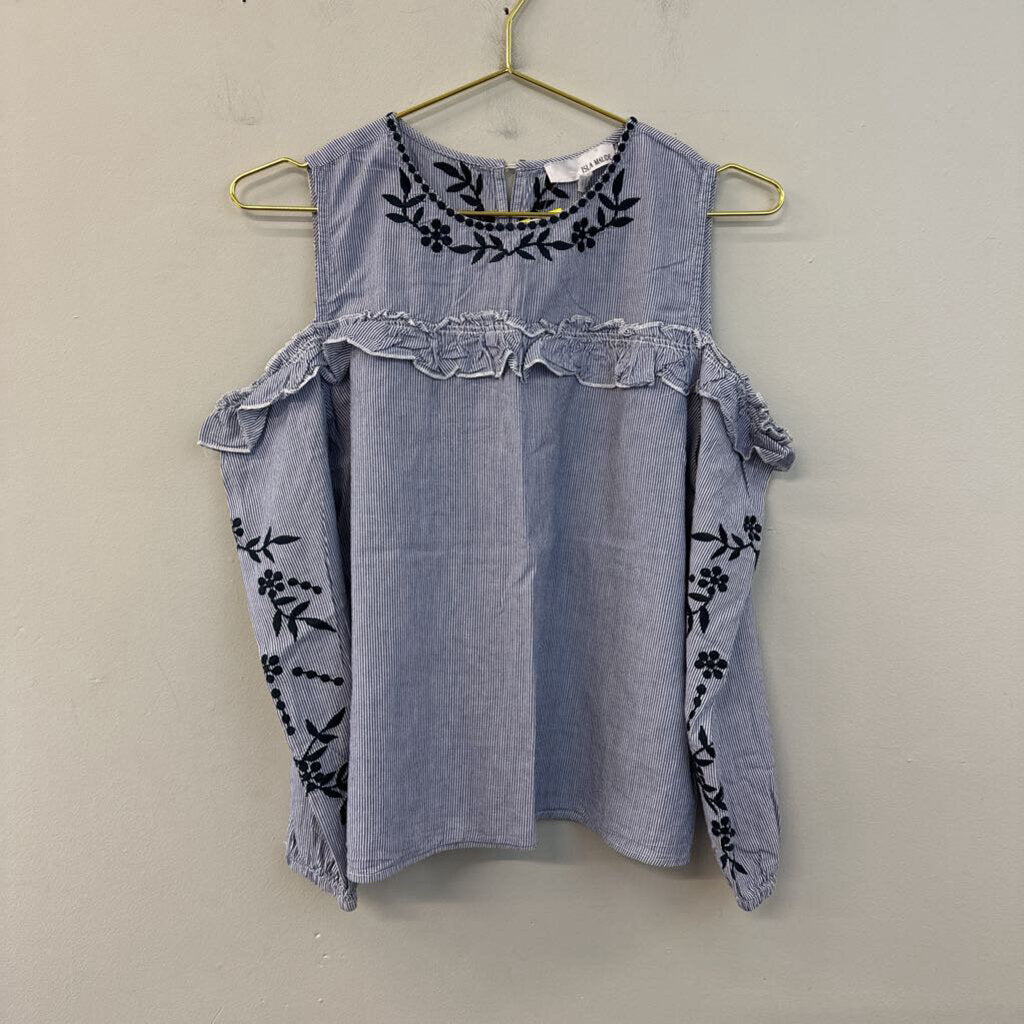 Isla Maude Blue/ White Striped Long Sleeve Cold Shoulder Top Large