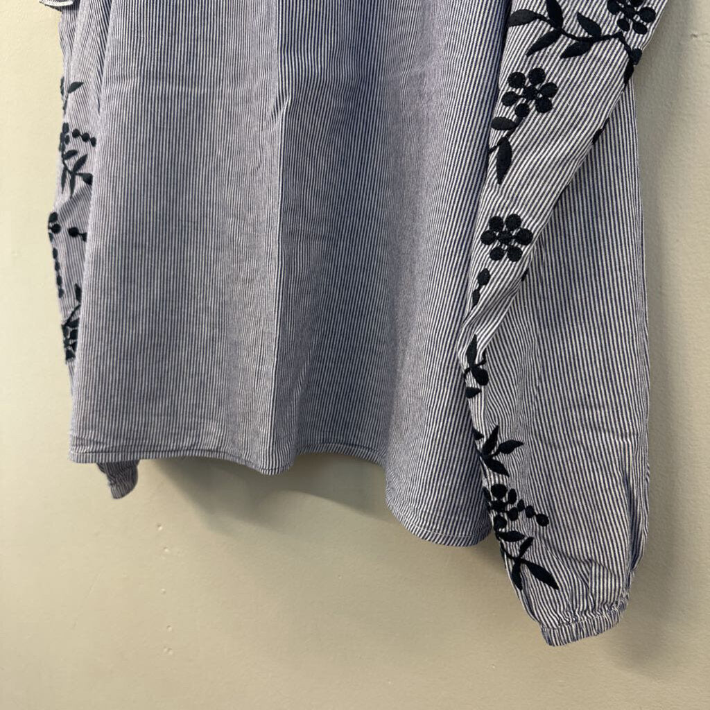 Isla Maude Blue/ White Striped Long Sleeve Cold Shoulder Top Large