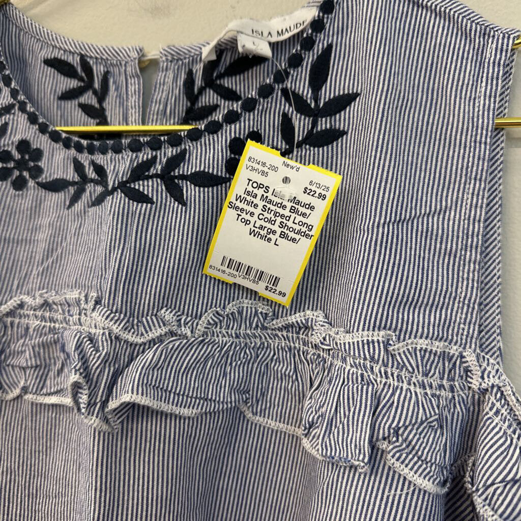 Isla Maude Blue/ White Striped Long Sleeve Cold Shoulder Top Large