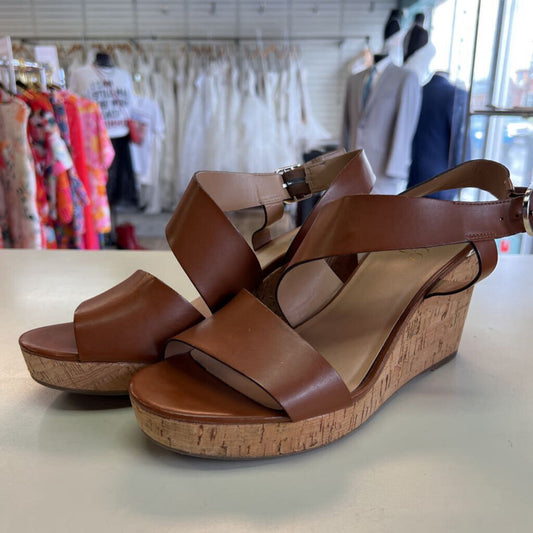 Franco Sarto Brown Leather Strap Cork Wedge Heels 9