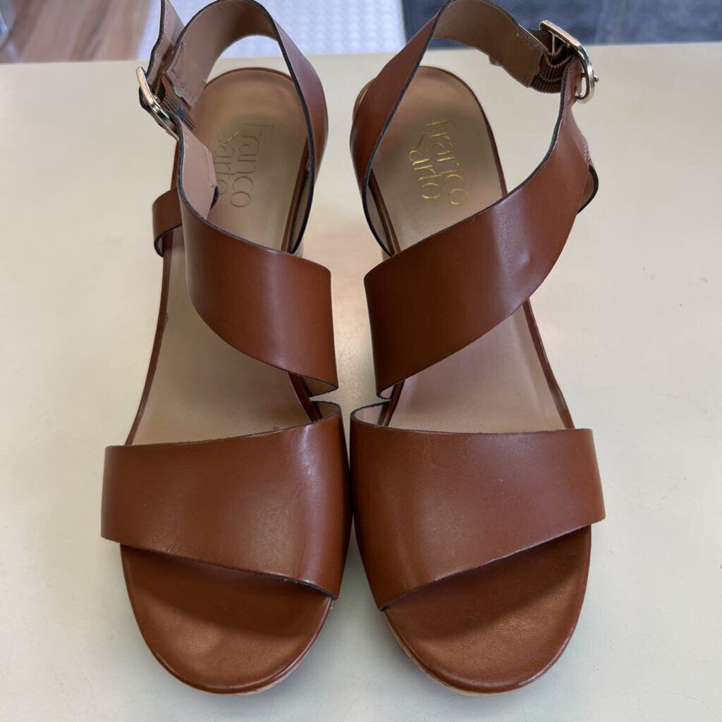 Franco Sarto Brown Leather Strap Cork Wedge Heels 9