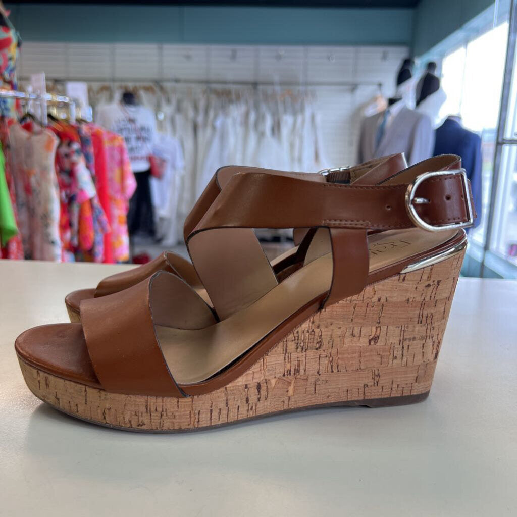 Franco Sarto Brown Leather Strap Cork Wedge Heels 9