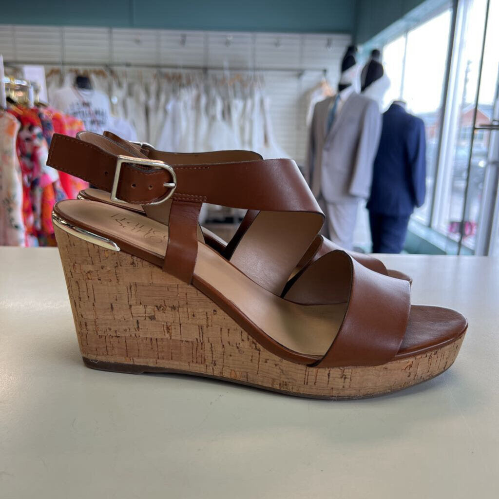 Franco Sarto Brown Leather Strap Cork Wedge Heels 9