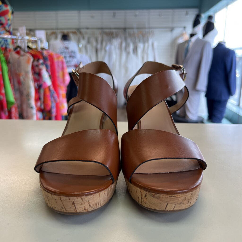 Franco Sarto Brown Leather Strap Cork Wedge Heels 9