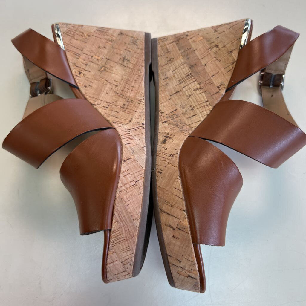Franco Sarto Brown Leather Strap Cork Wedge Heels 9