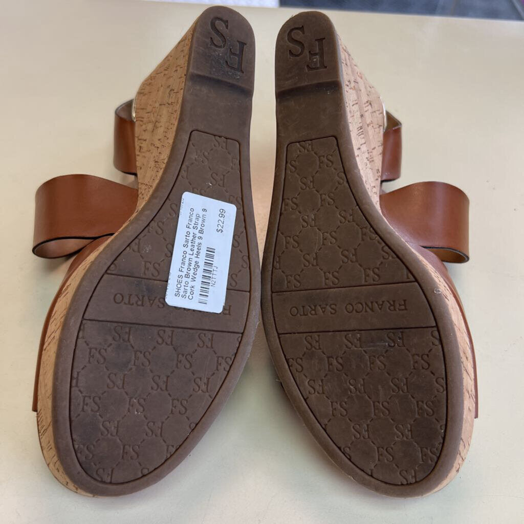 Franco Sarto Brown Leather Strap Cork Wedge Heels 9