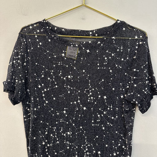 Black/ White Sheer Star Print Short Sleeve Top Small