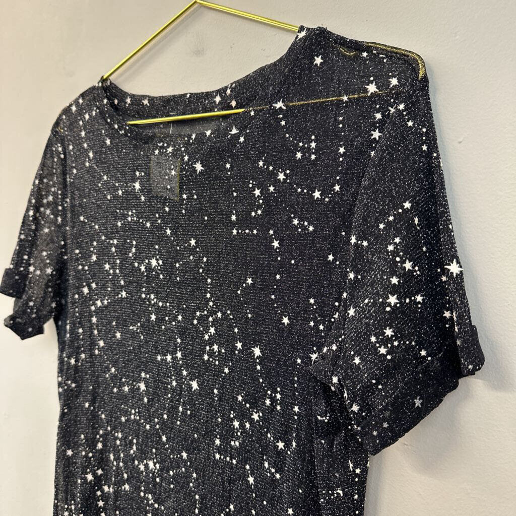 Black/ White Sheer Star Print Short Sleeve Top Small