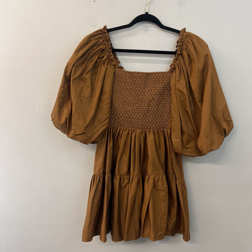 Sofie the Label Brown Puff Sleeve Smocked Top Dress Medium