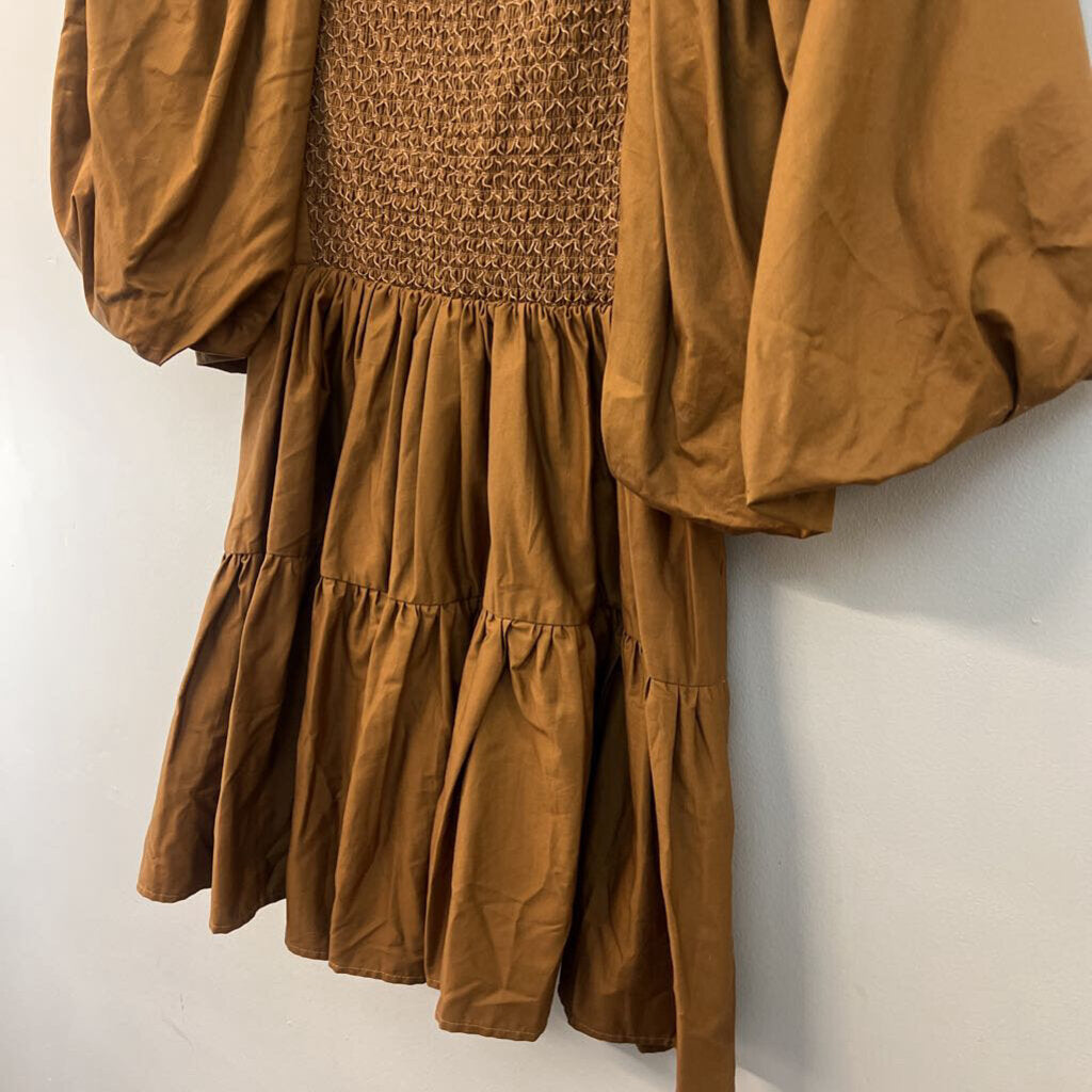 Sofie the Label Brown Puff Sleeve Smocked Top Dress Medium