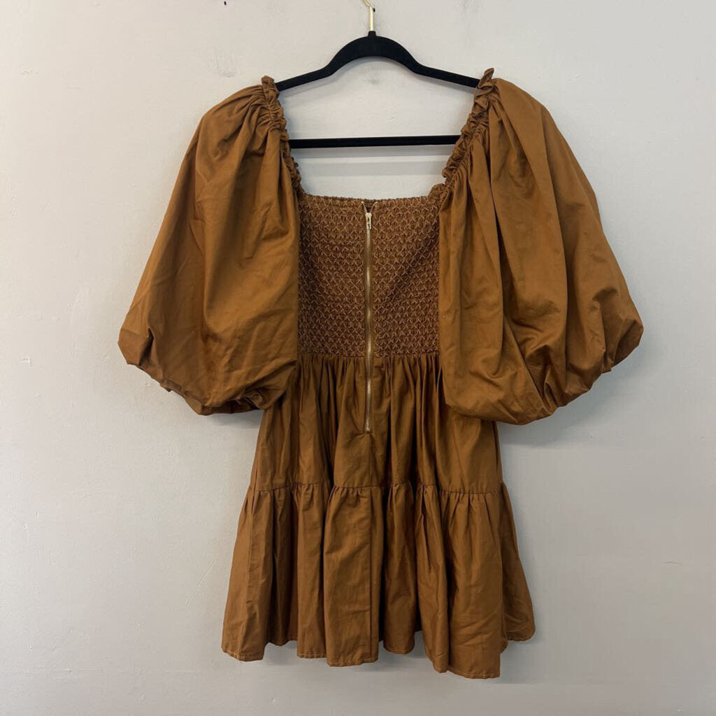 Sofie the Label Brown Puff Sleeve Smocked Top Dress Medium