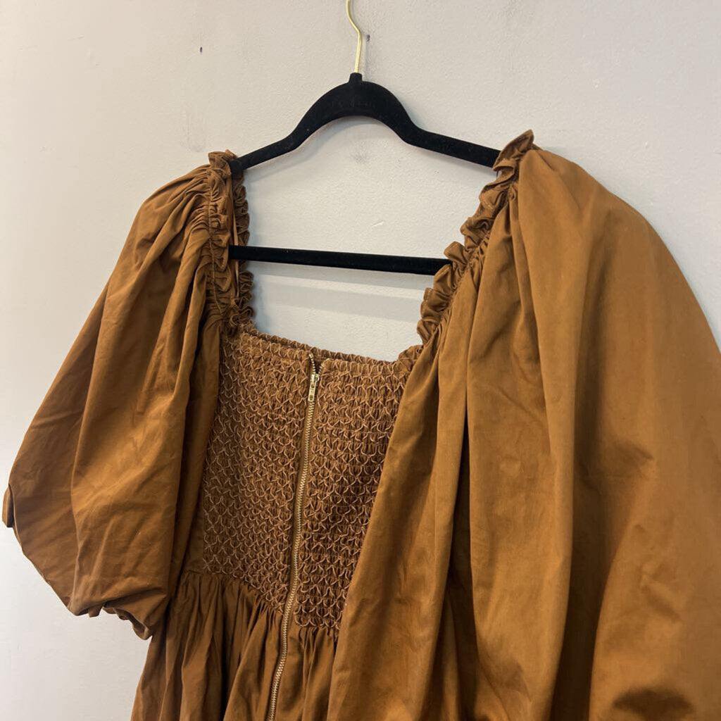 Sofie the Label Brown Puff Sleeve Smocked Top Dress Medium