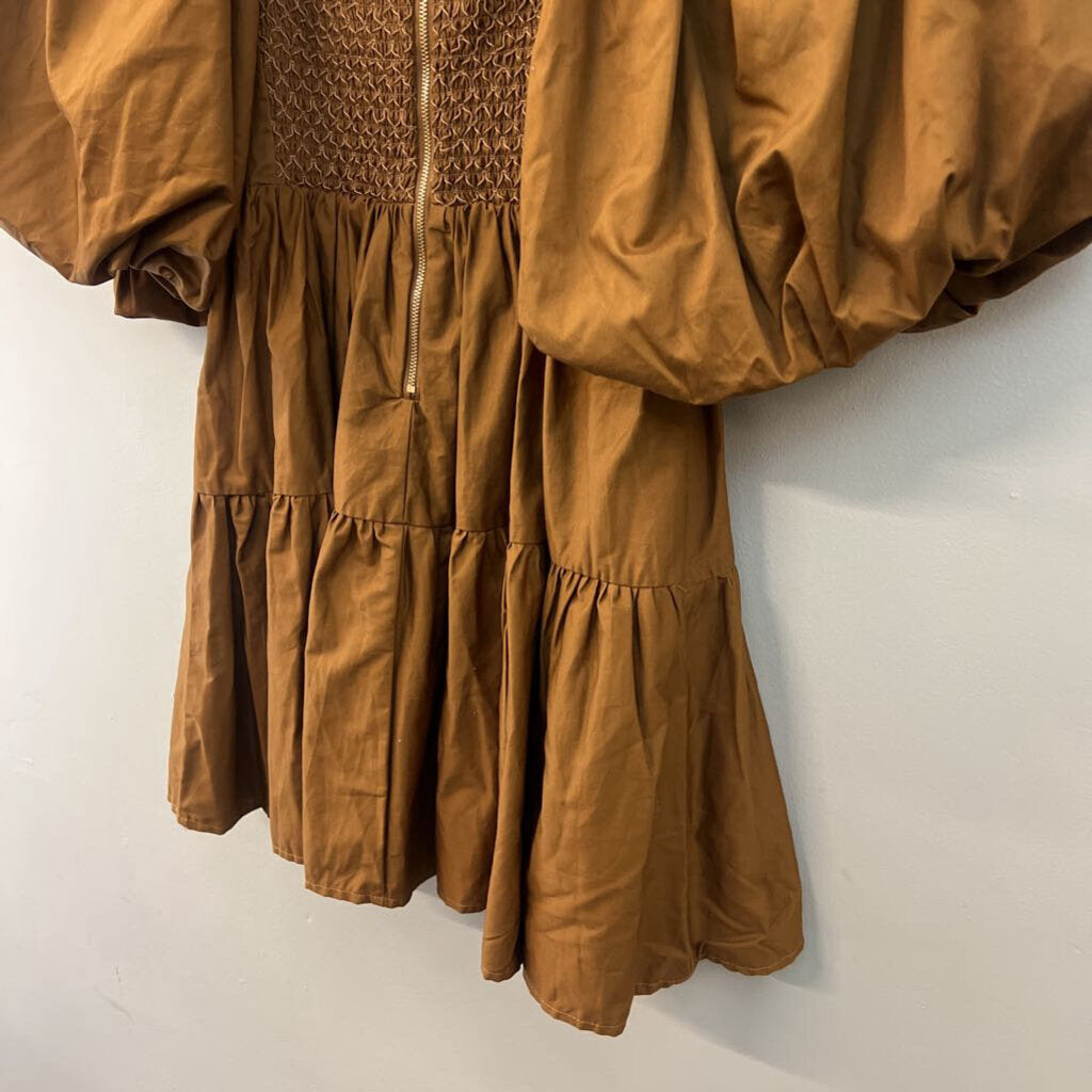 Sofie the Label Brown Puff Sleeve Smocked Top Dress Medium