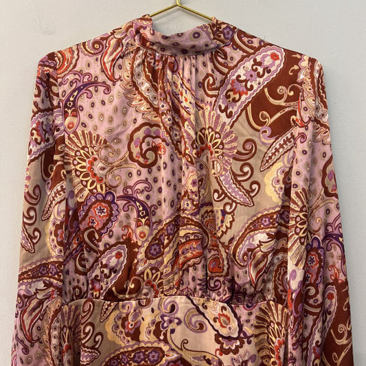 Fate Brown/ Purple Silky Paisley Print Long Sleeve Dress Extra Large