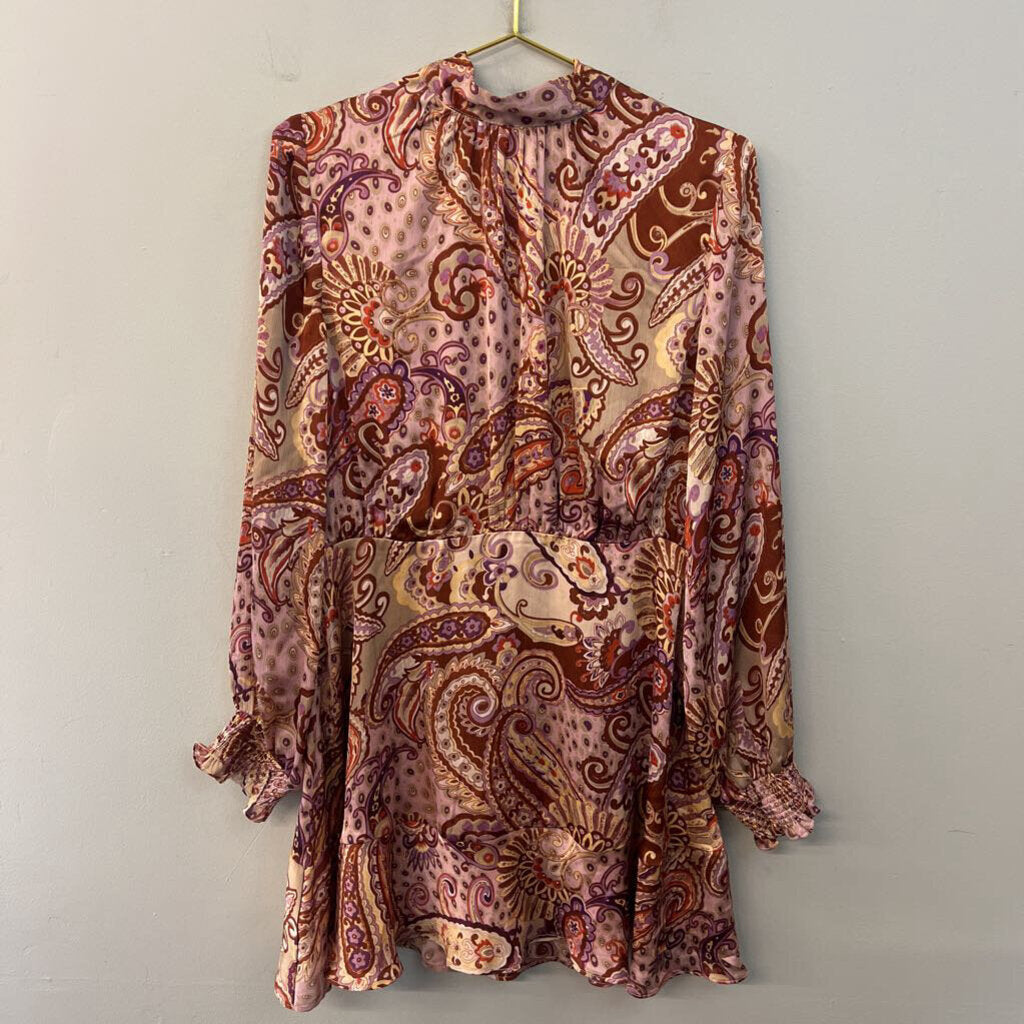 Fate Brown/ Purple Silky Paisley Print Long Sleeve Dress Extra Large