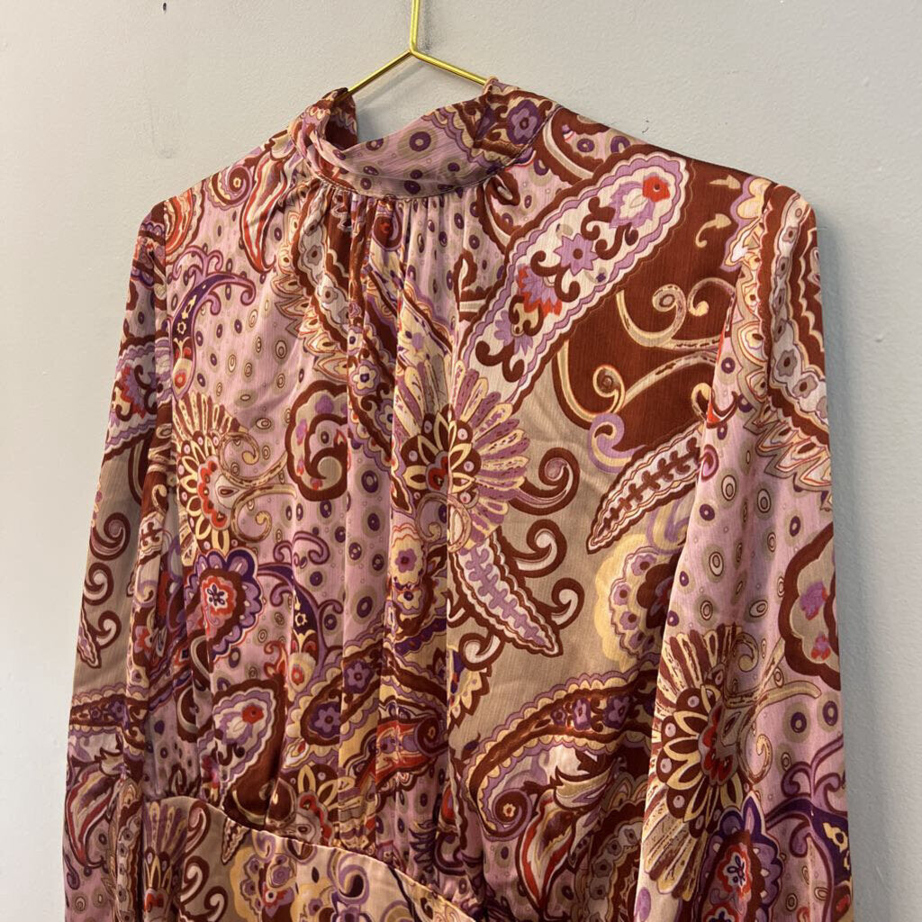 Fate Brown/ Purple Silky Paisley Print Long Sleeve Dress Extra Large
