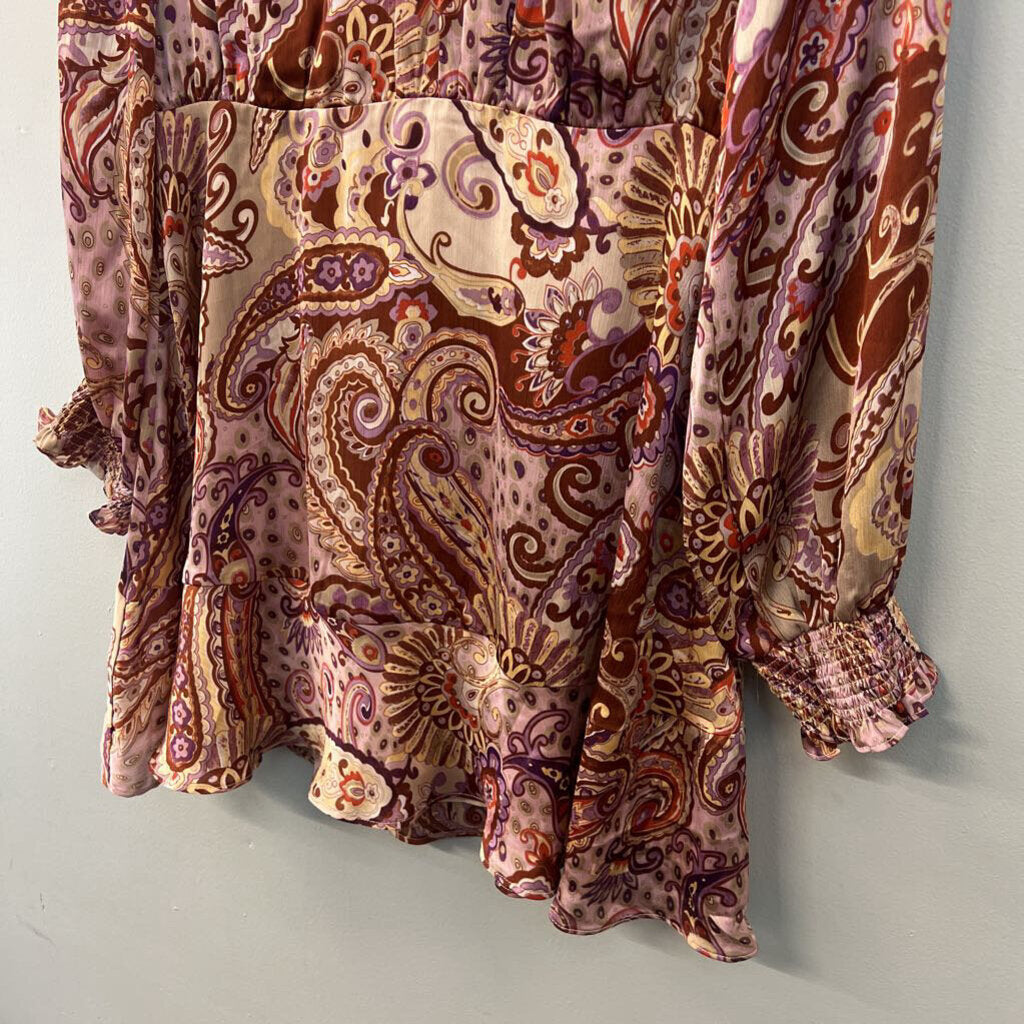 Fate Brown/ Purple Silky Paisley Print Long Sleeve Dress Extra Large