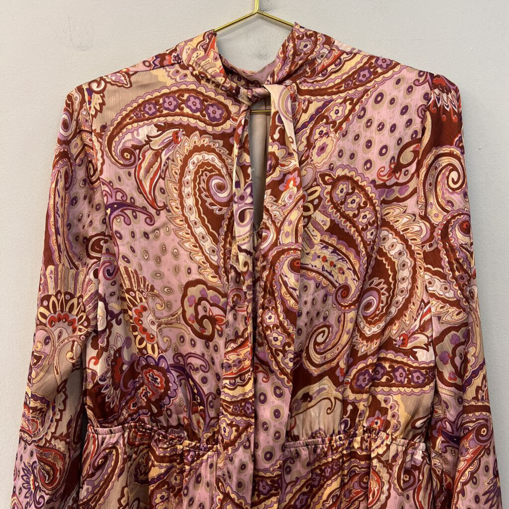 Fate Brown/ Purple Silky Paisley Print Long Sleeve Dress Extra Large