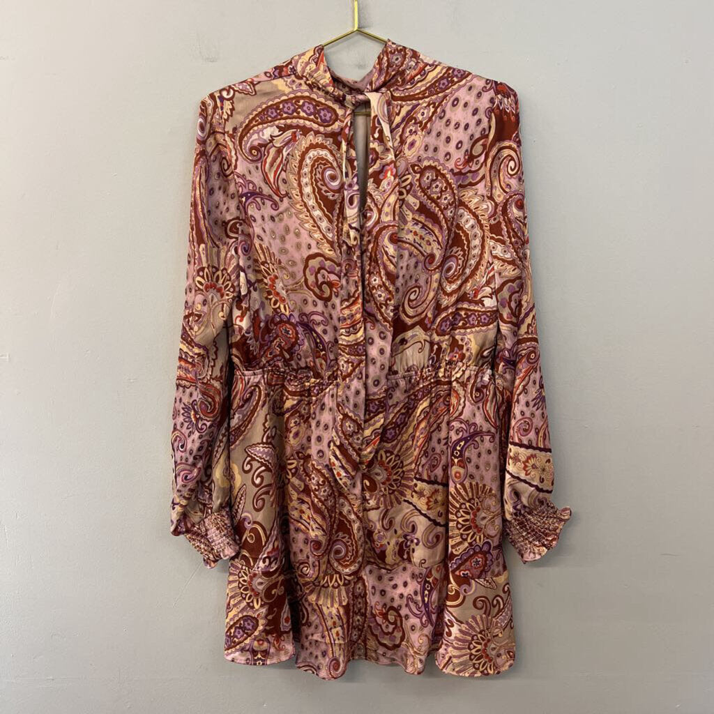 Fate Brown/ Purple Silky Paisley Print Long Sleeve Dress Extra Large