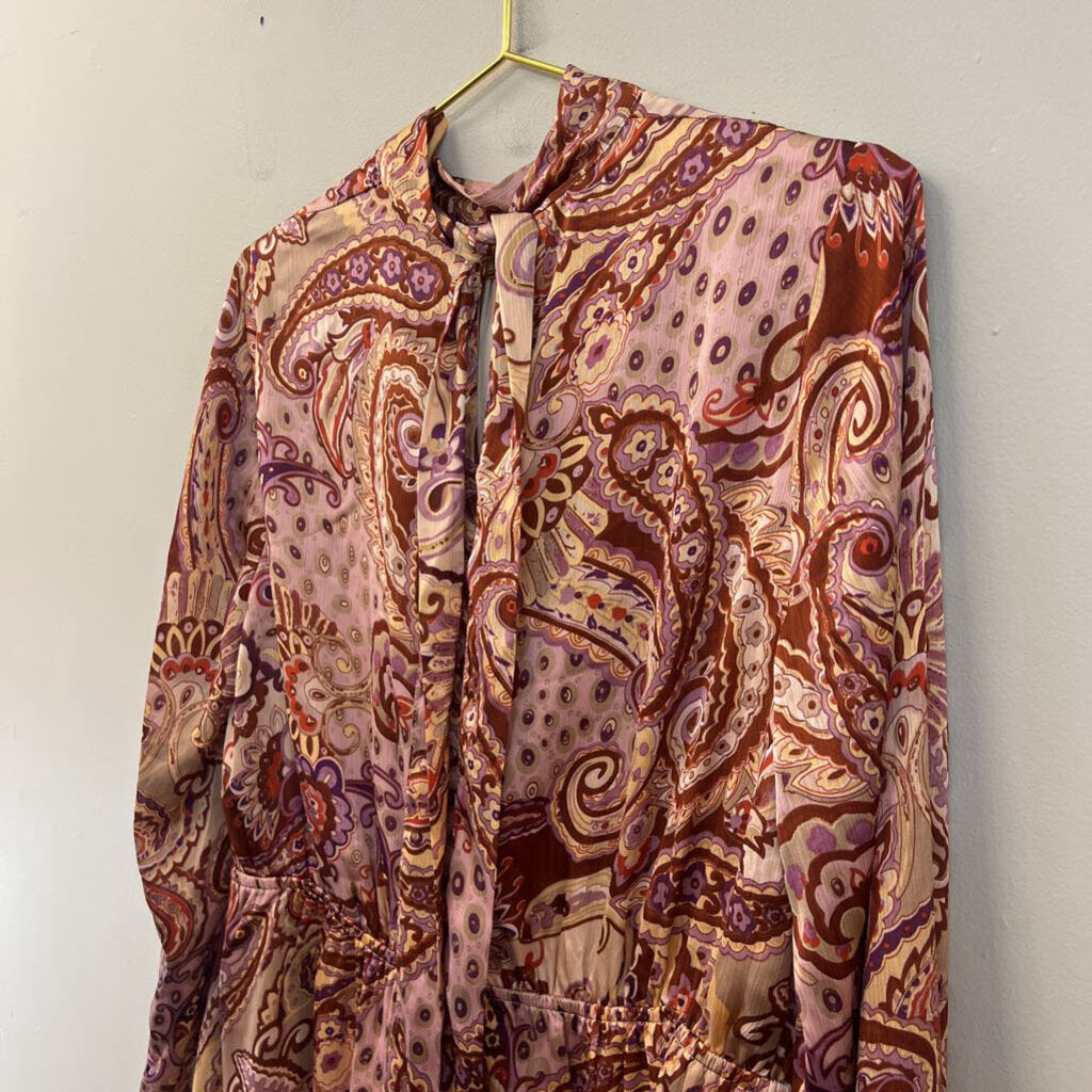 Fate Brown/ Purple Silky Paisley Print Long Sleeve Dress Extra Large