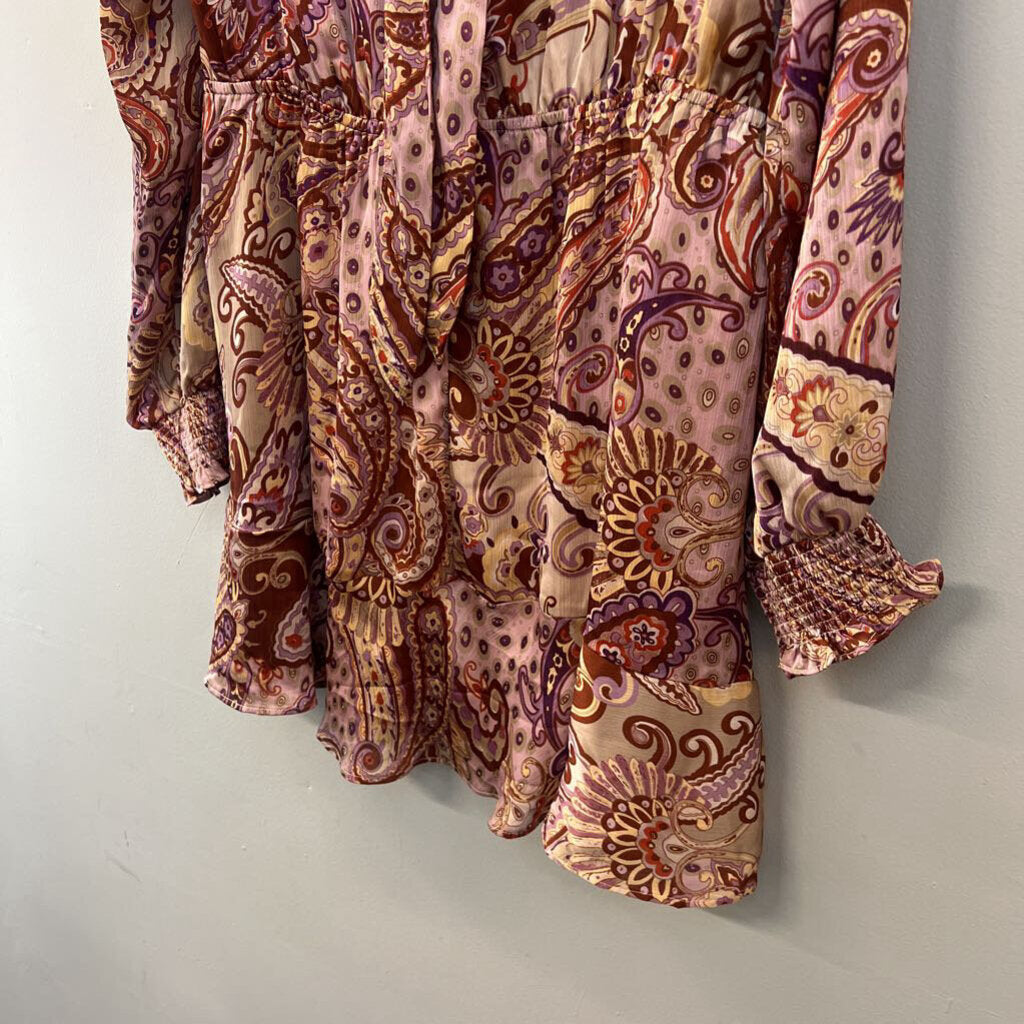 Fate Brown/ Purple Silky Paisley Print Long Sleeve Dress Extra Large