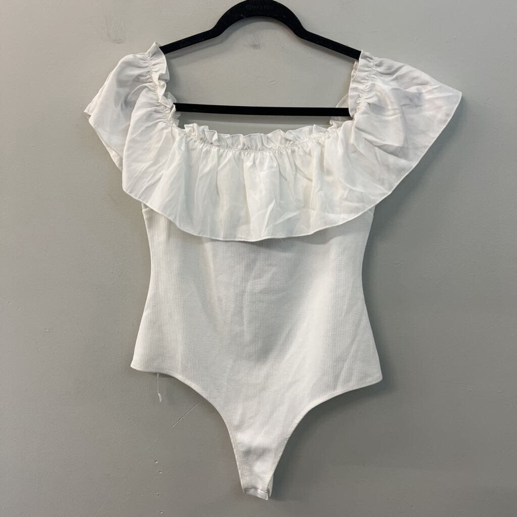TCEC White Ruffle Off Shoulder Bodysuit Top Large
