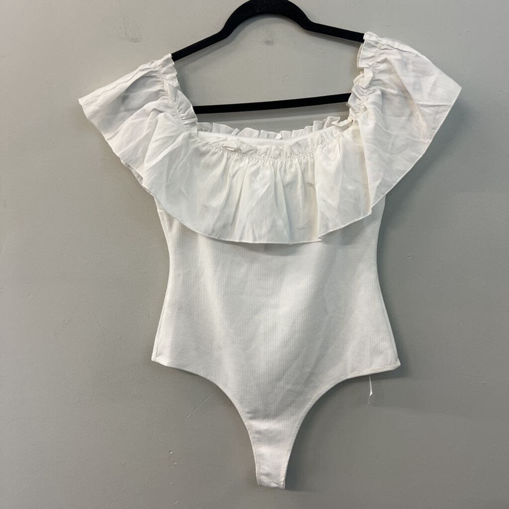 TCEC White Ruffle Off Shoulder Bodysuit Top Large