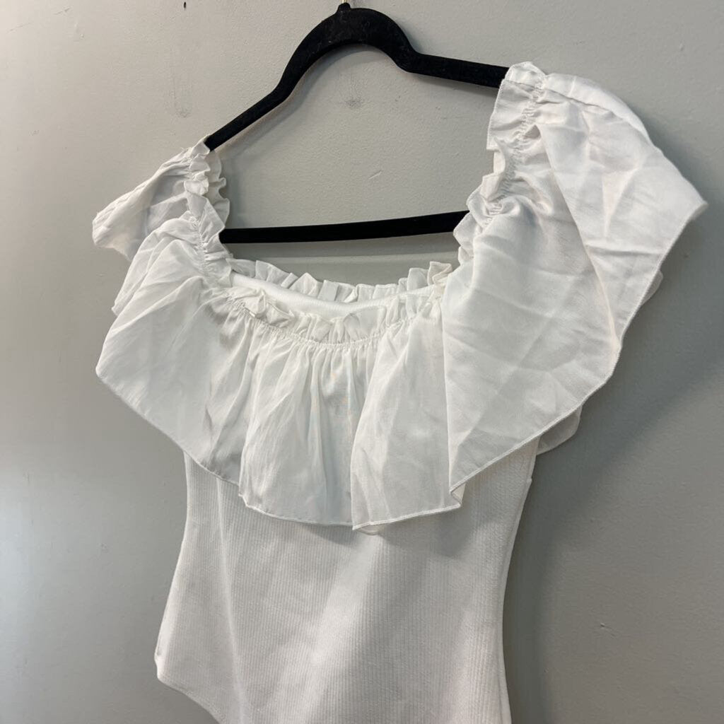 TCEC White Ruffle Off Shoulder Bodysuit Top Large