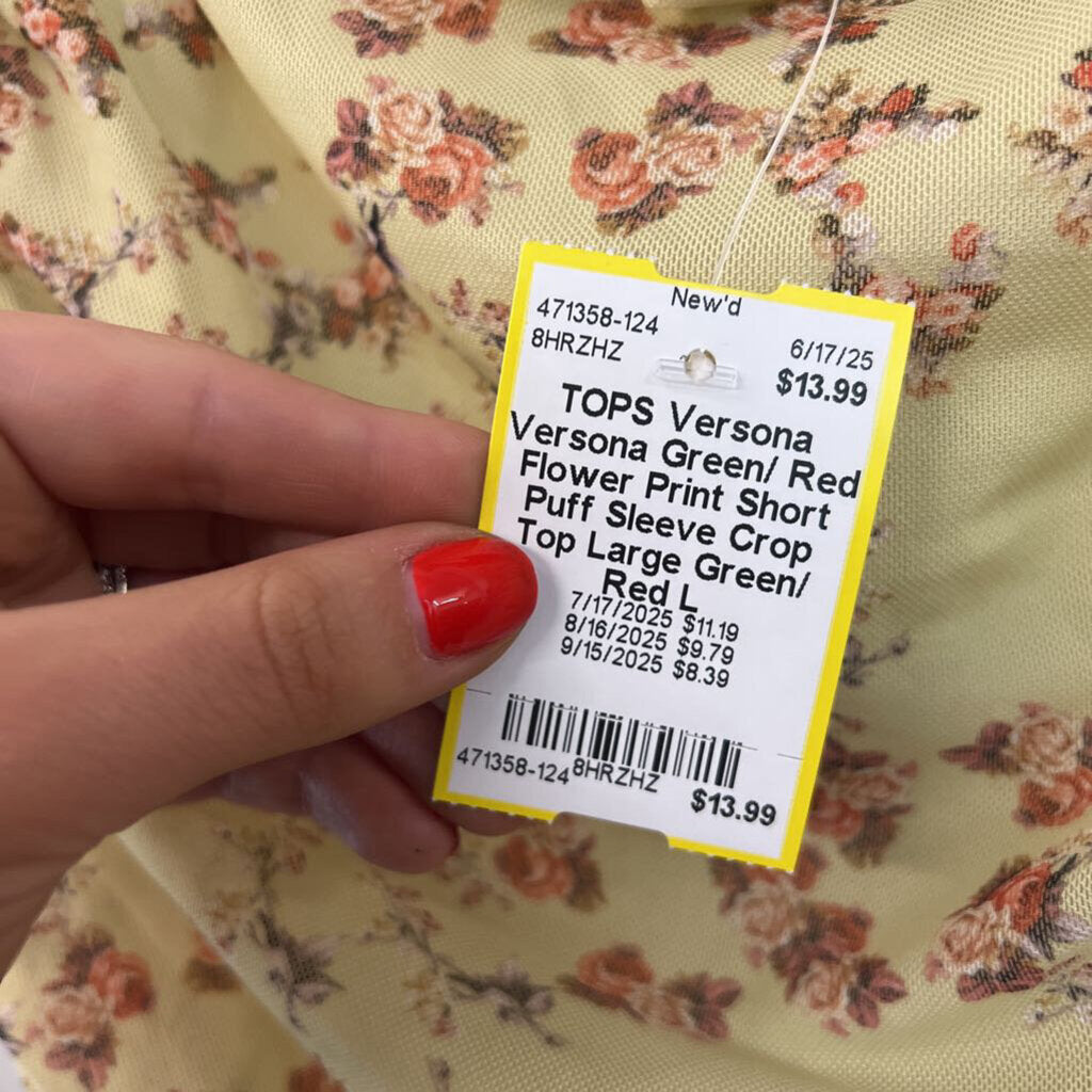 Versona Green/ Red Flower Print Short Puff Sleeve Crop Top Large