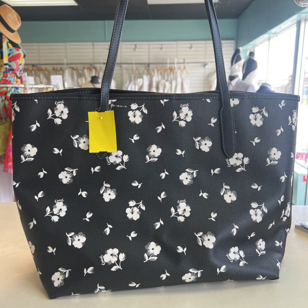 Coach Black/ White Flower Print City Tote Purse