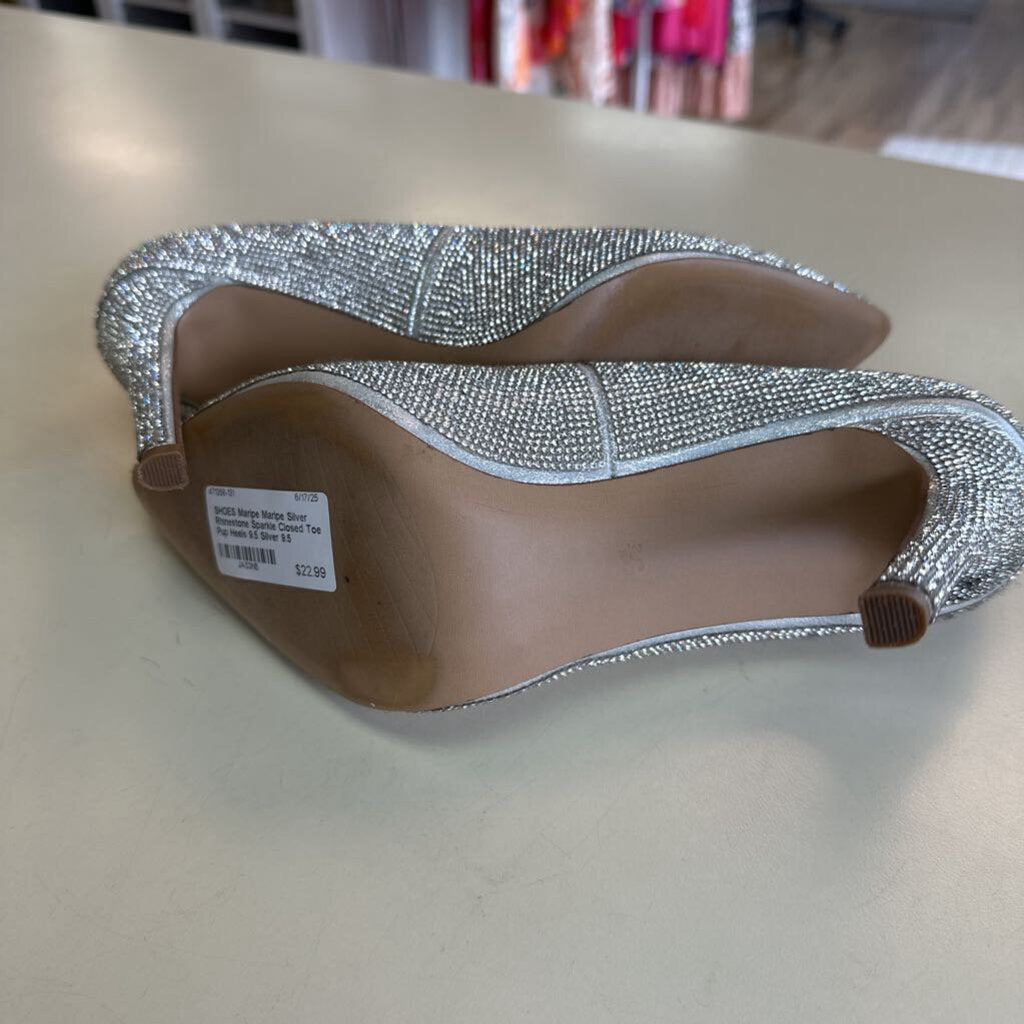 Maripe Silver Rhinestone Sparkle Closed Toe Pup Heels 9.5