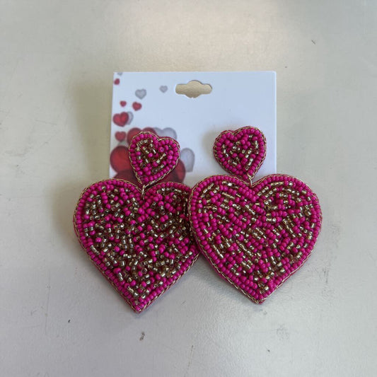 Pink/ Gold Beaded Heart Statement Earrings