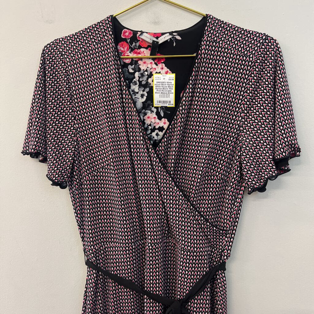 White House Black Market Black/ Pink Print Reversible Short Sleeve Dress 8