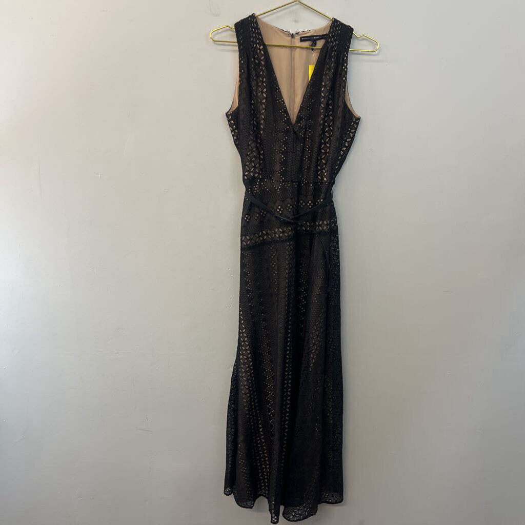 White House Black Market Black/ Beige Lace Belted Maxi Dress 4