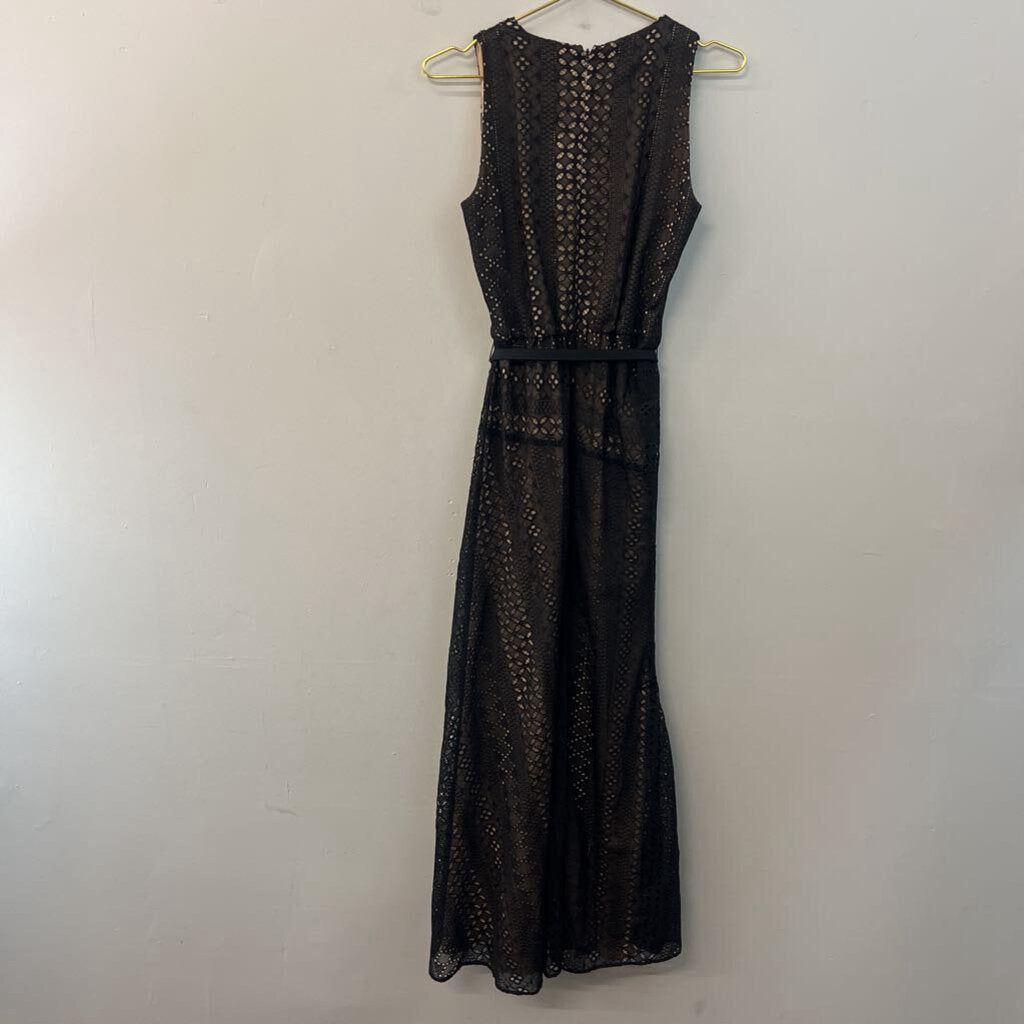 White House Black Market Black/ Beige Lace Belted Maxi Dress 4