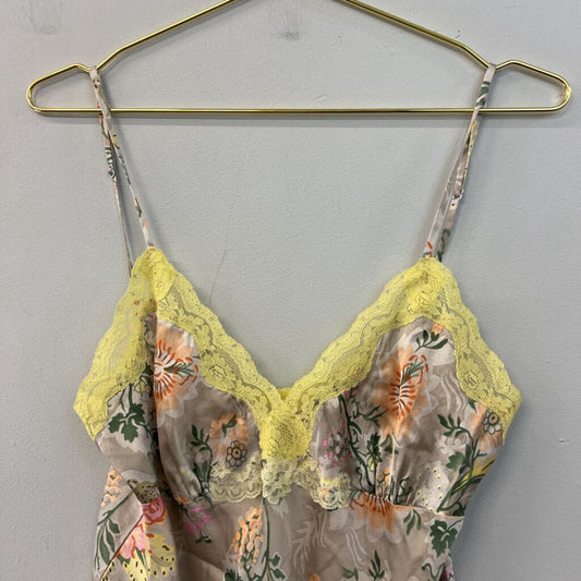 Gold Hawk Beige/ Yellow Lace Edge Flower Print Tank Top Large