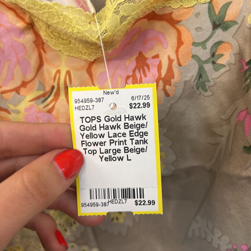Gold Hawk Beige/ Yellow Lace Edge Flower Print Tank Top Large