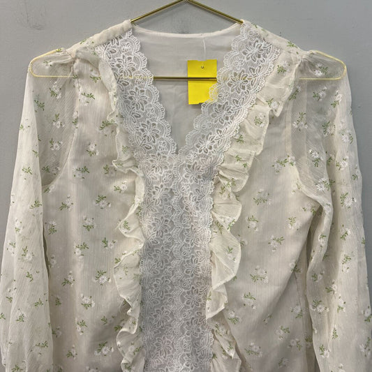 Cream Flower Print Lace Detail Long Sleeve Top Small