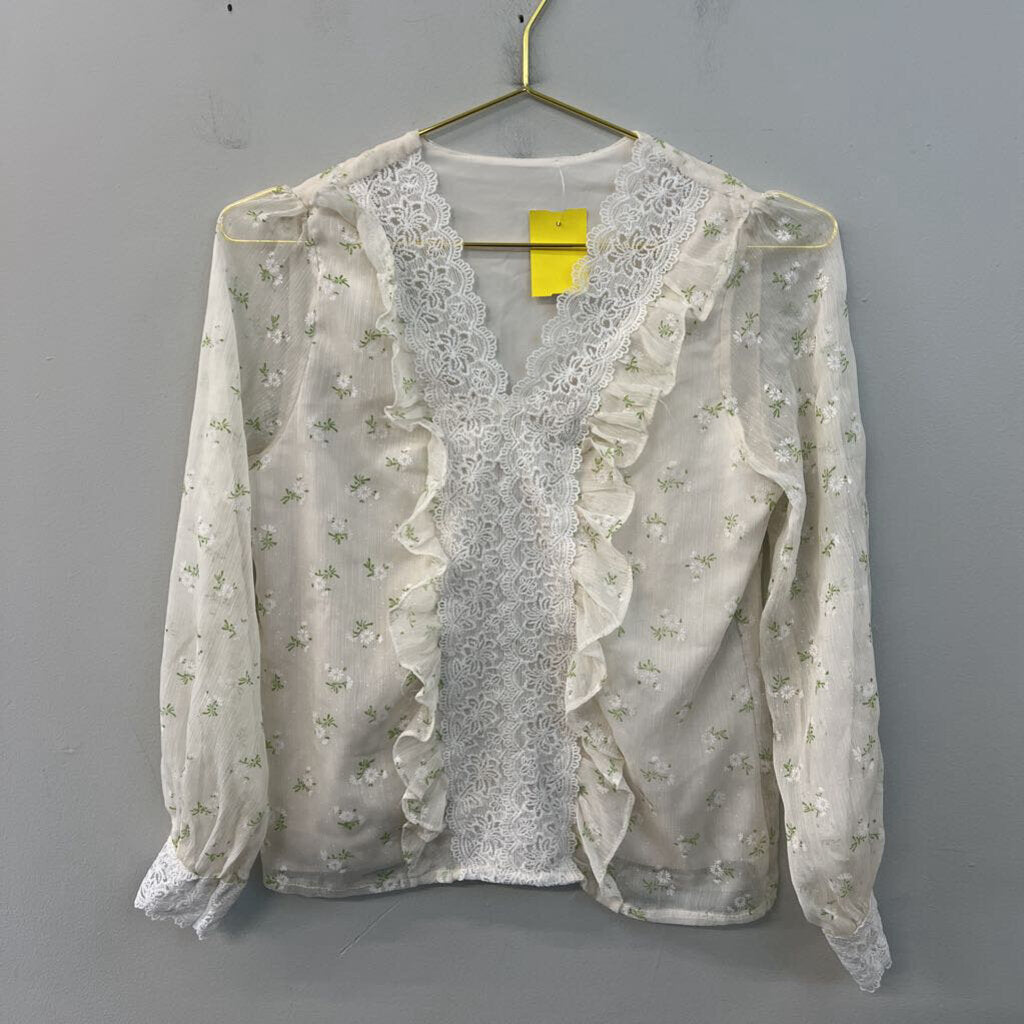 Cream Flower Print Lace Detail Long Sleeve Top Small