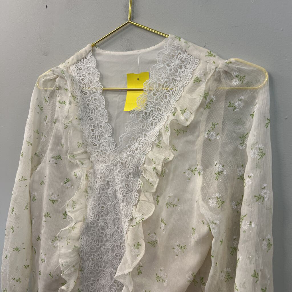 Cream Flower Print Lace Detail Long Sleeve Top Small