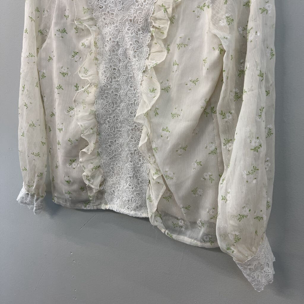 Cream Flower Print Lace Detail Long Sleeve Top Small